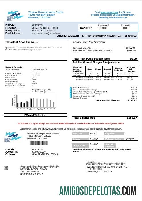 realista Modelo de conta de serviços públicos do Distrito Hídrico Municipal Ocidental dos EUA em formatos Word e PDF